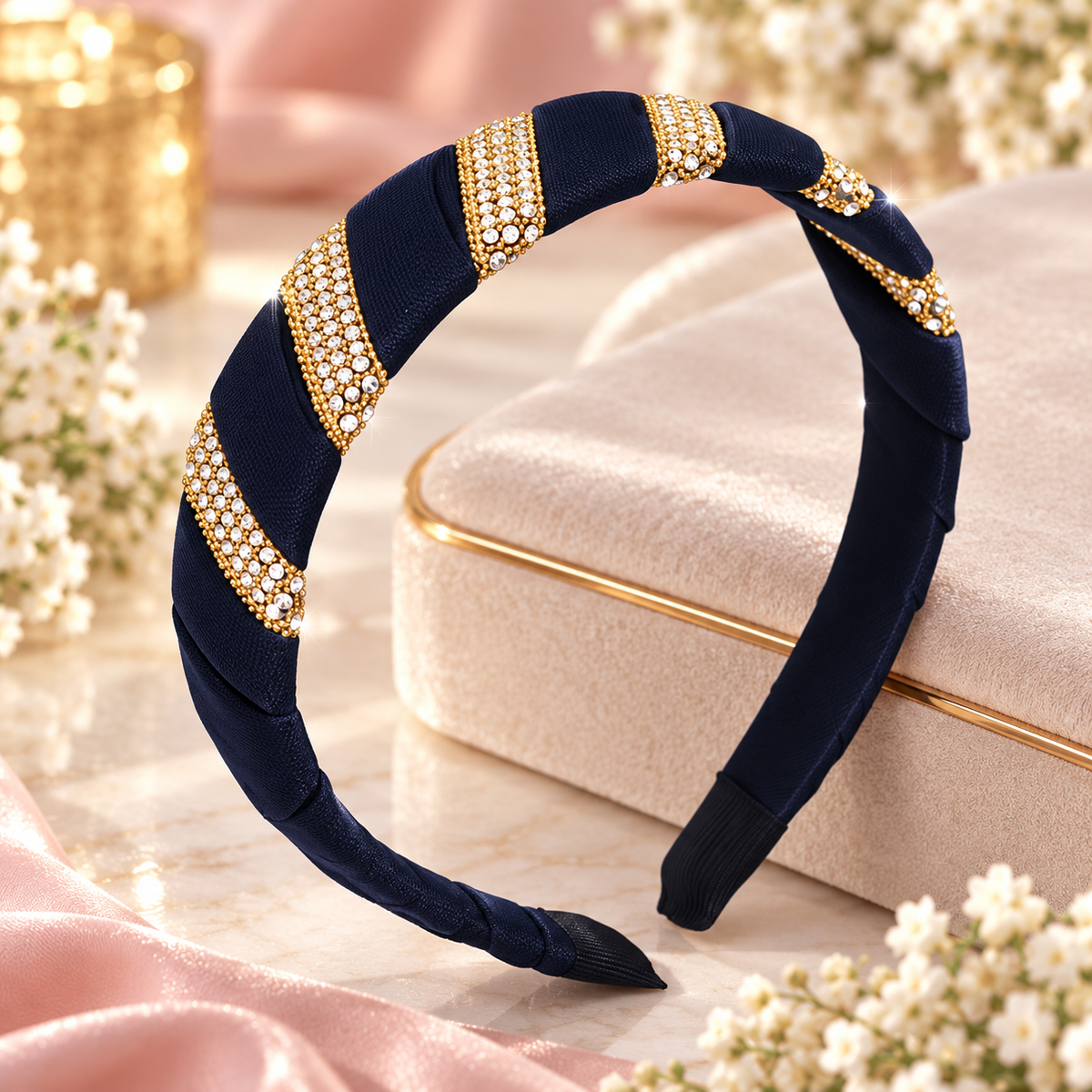 Eleganter Satin-Haarreifen in Dunkelblau mit goldfarbenem Strass – Funkelnder Luxus für dein Haar