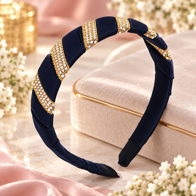 Eleganter Satin-Haarreifen in Dunkelblau mit goldfarbenem Strass – Funkelnder Luxus für dein Haar