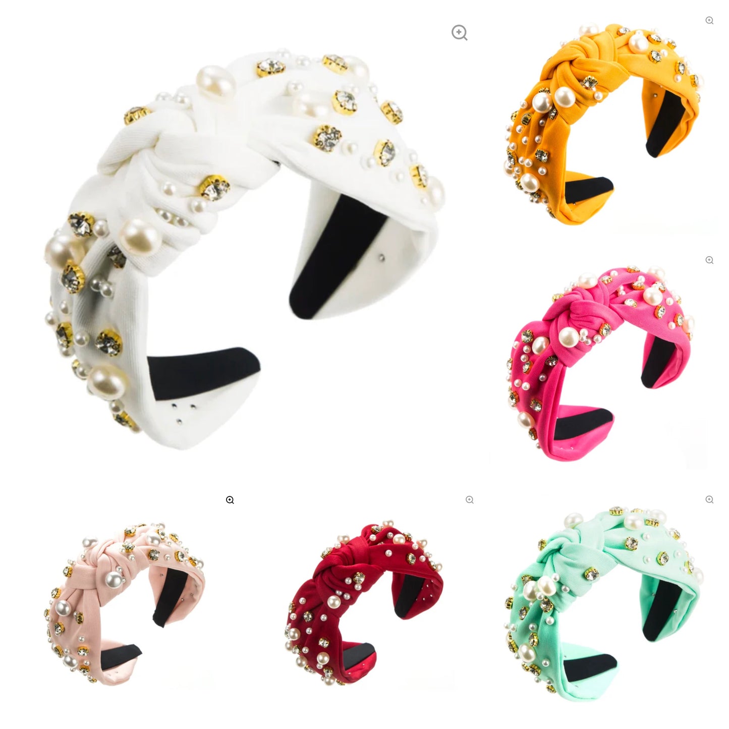 Headband with knot at the top center stones and pearls