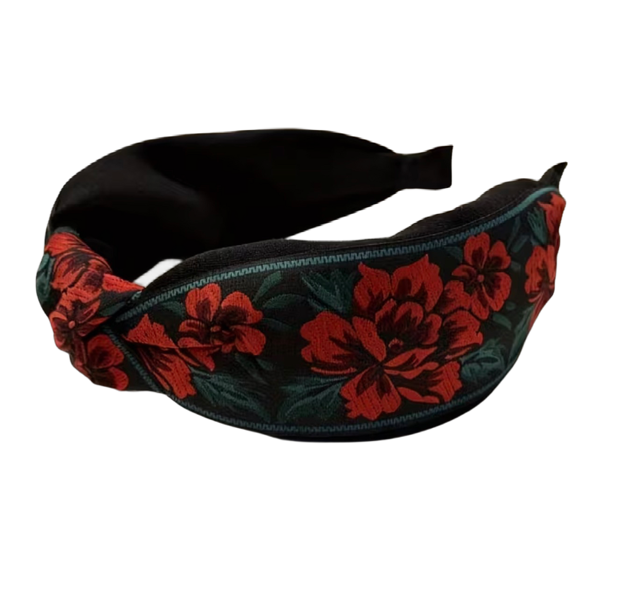 Schwarzer Jaguar-Haarreifen mit roten Blüten & grünen Blättern – Look mit Knoten