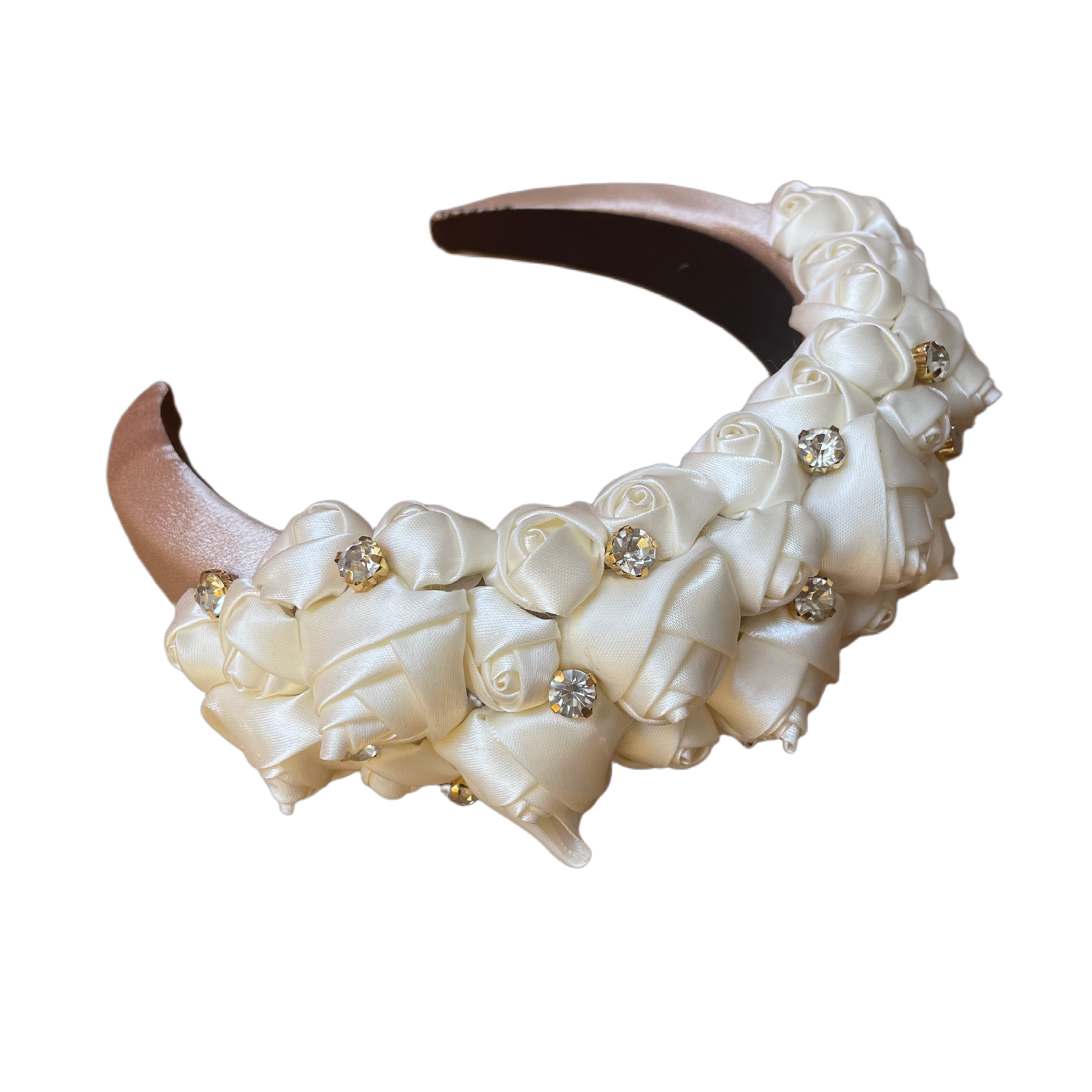 Beige headband with off white satin flowers and stones