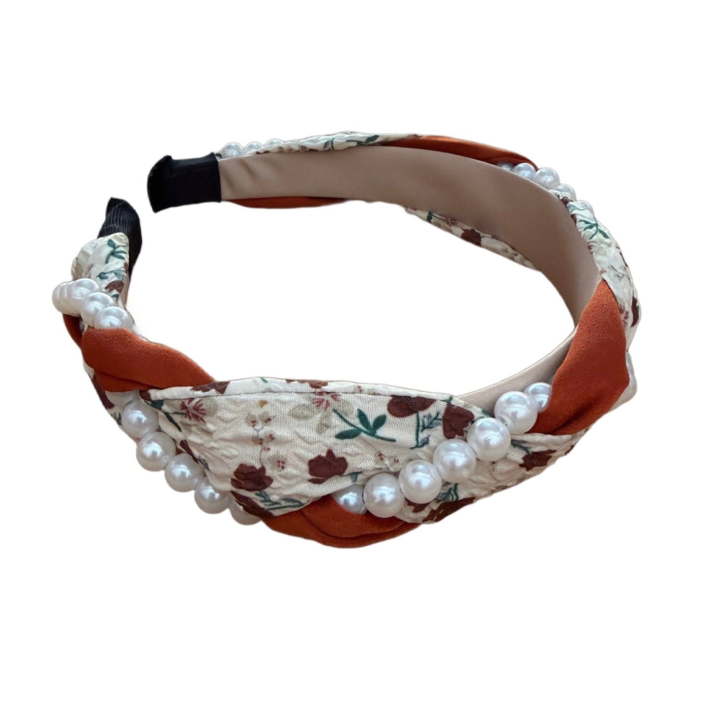 Geflochtener Haarreifen mit Blumenprint & Perlen – Romantischer Charme in Creme und Rost