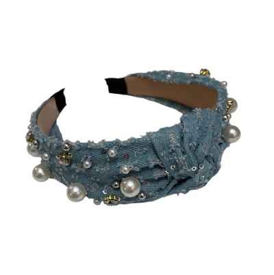 Jeans Haarreifen mit Perlen, Steinchen und Pailetten