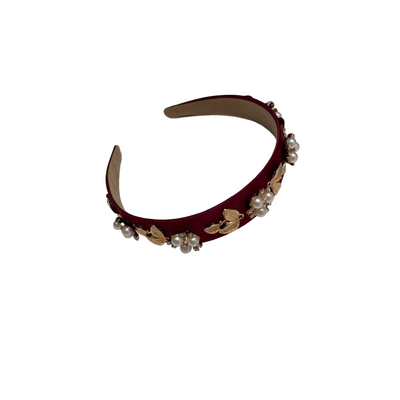 Satin Haarreif weinrot mit Perlen, Strasssteinchen und goldenen Blättern