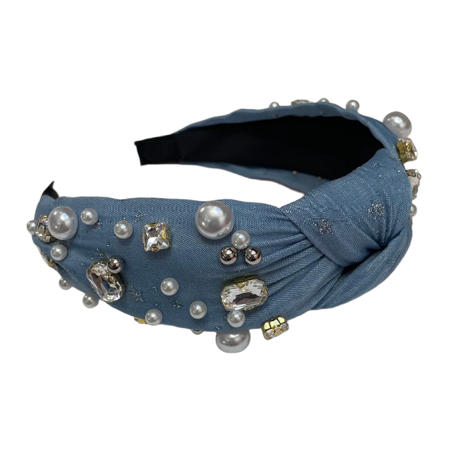 Serre-tête en jean avec perles et pierres