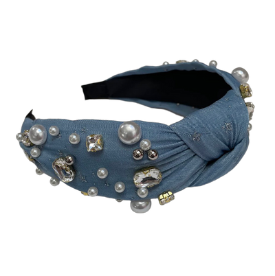 Feiner Jeanshaarreifen mit Perlen, Steinen und Glitzer