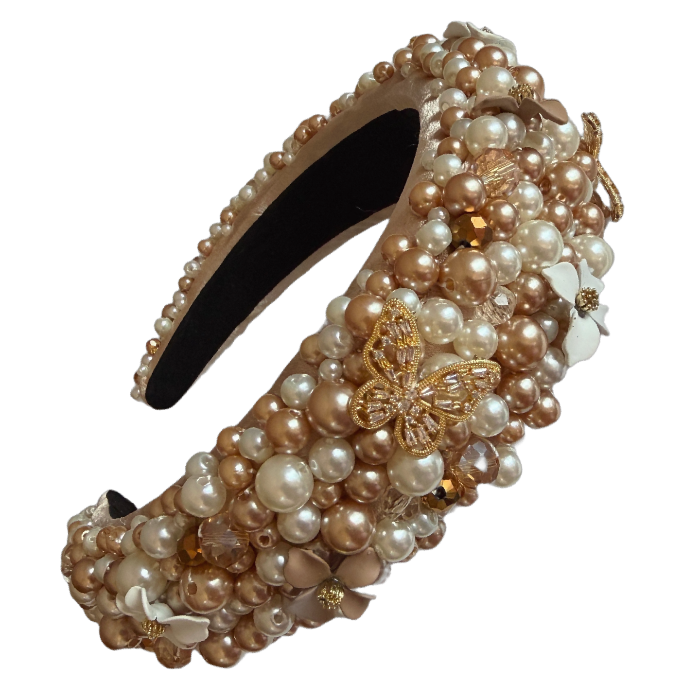 Bronzeglanz & Blütenzauber — Haarreif mit Perlen, Blüten und goldenen Schmetterlingen