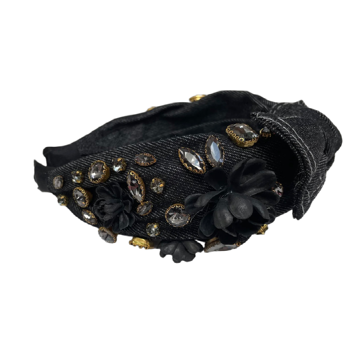 Denim Bloom – Haarreif mit Schleife, Blüte & Glanz