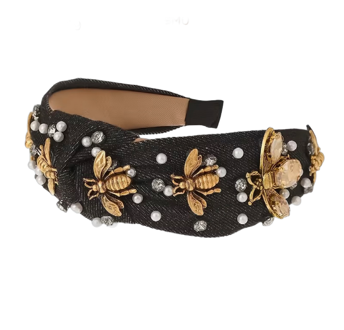 Golden Bee – Jeans Haarreifen mit goldenen Bienen, Perlen & Strass