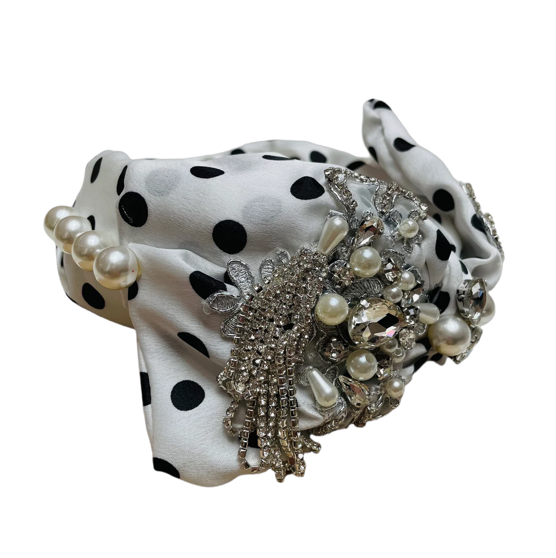 Bandeau blanc/noir tacheté de perles de pierres en maille