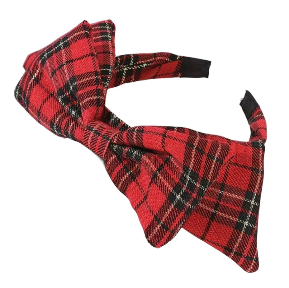 Tartan Love – Karierter Haarreifen in Rot-Schwarz-Gold mit grosser Schleife