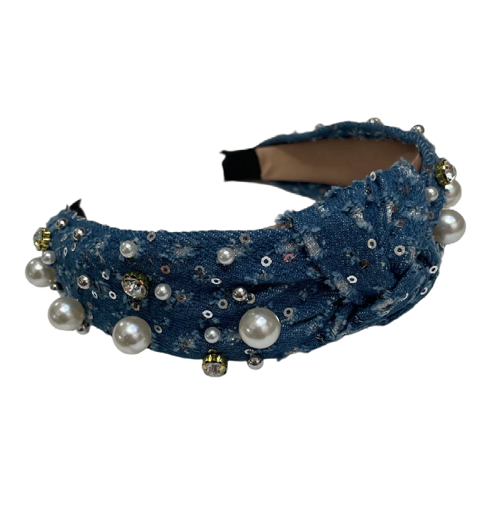 Jeans Haarreifen mit Perlen, Steinchen und Pailetten
