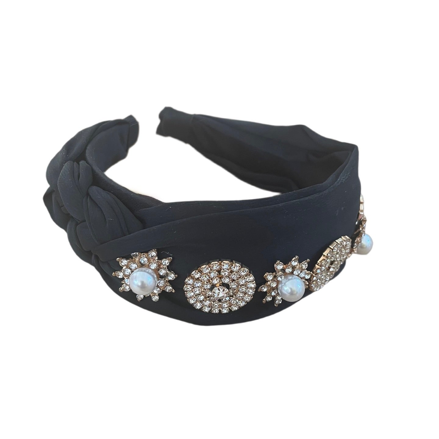 Bandeau noir satiné avec perles et pierres