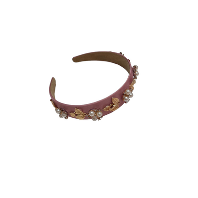 Satin Haarreif rosa mit Perlen, Strasssteinchen und goldenen Blättern