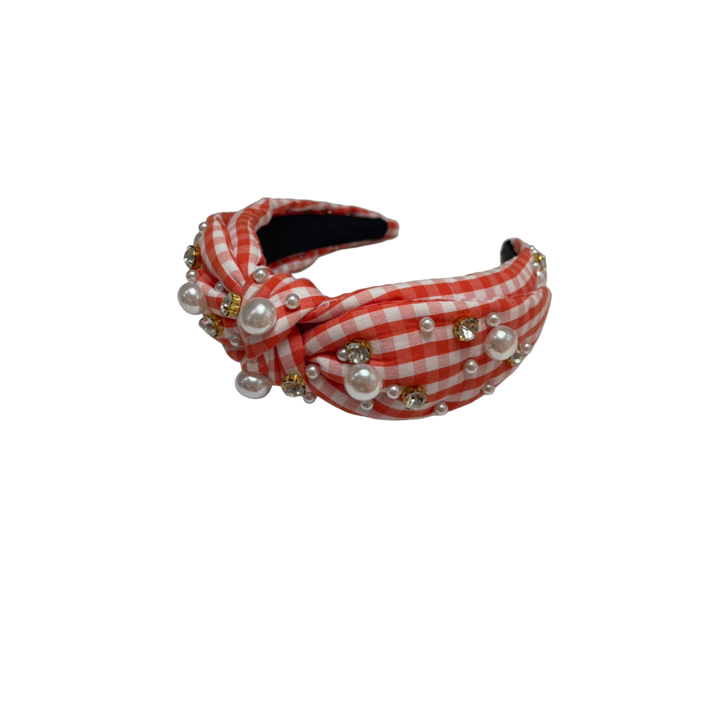 Haarreif orange/weiss kariert mit Steinchen und Perlen