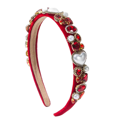 Roter Samt-Haarreifen mit Strass, Perlen & Herzen – Glamouröses Accessoire mit Herz