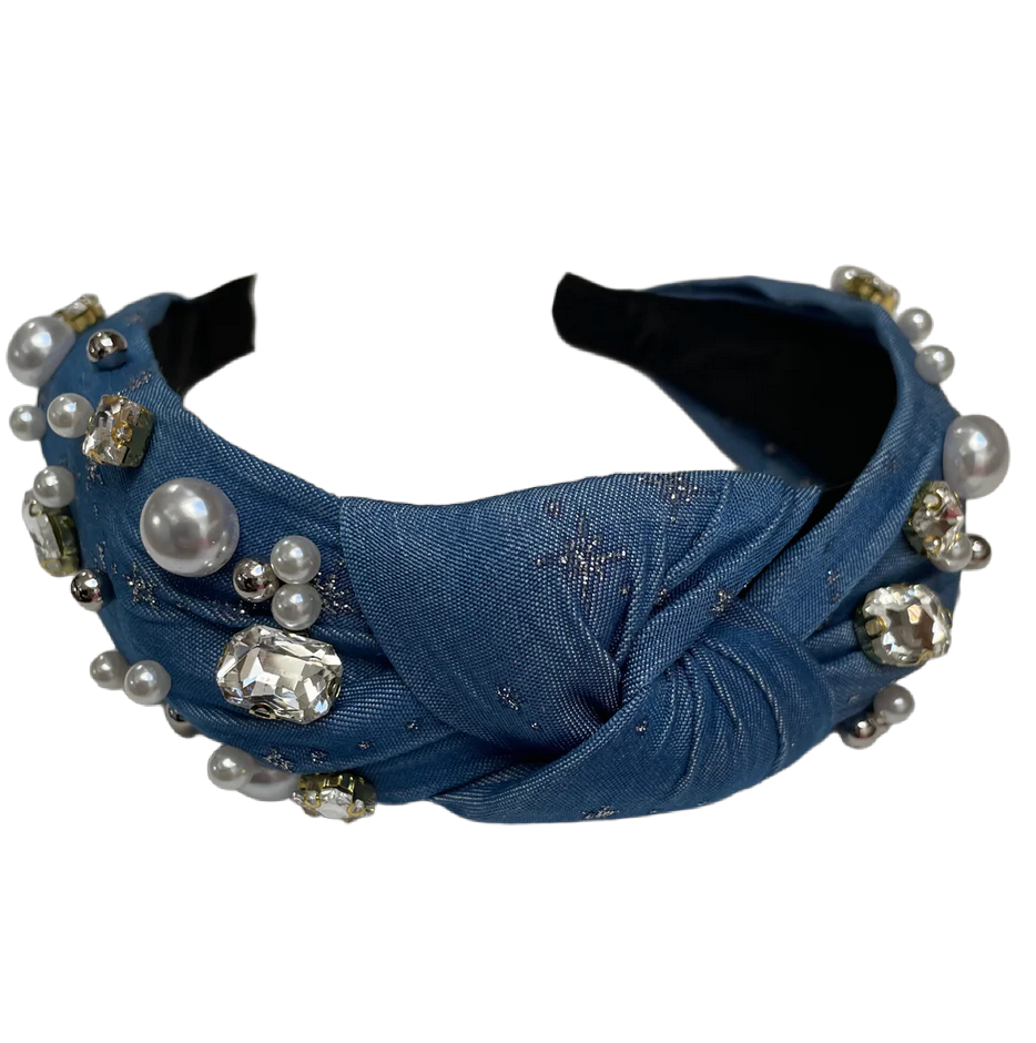 Serre-tête en jean avec perles et pierres