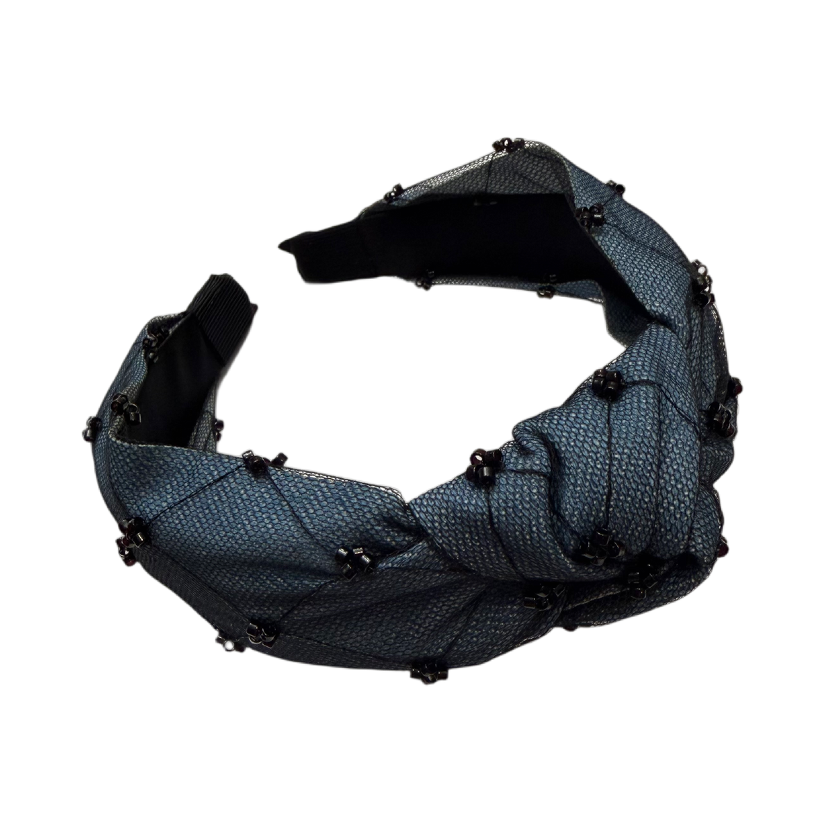 Himmelsfalter — Jeans‑Tüll‑Reif mit Glasperlen, oben mittig geknotet