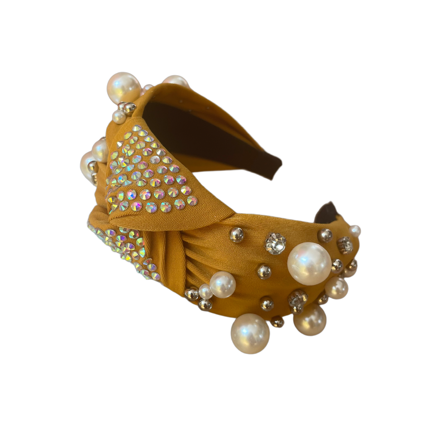 Gelber Haarreif mit Knoten & edlen Perlen und Strassdetails