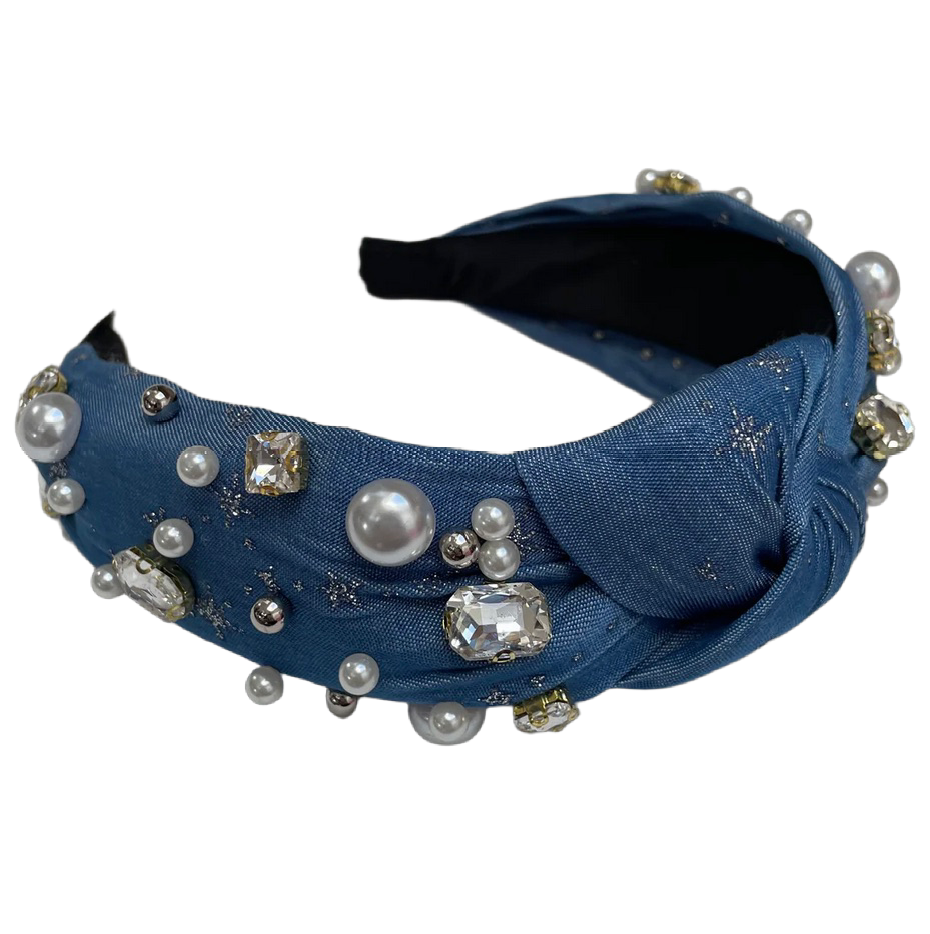 Serre-tête en jean avec perles et pierres