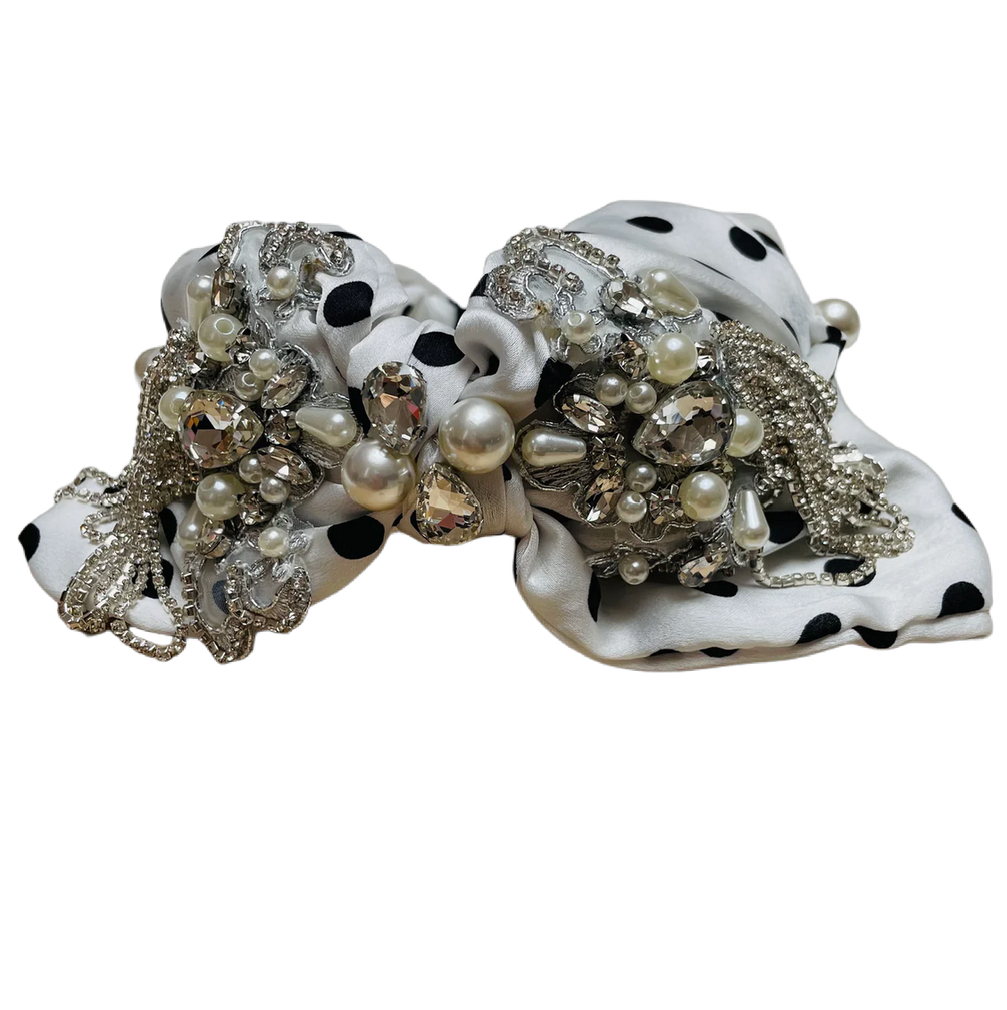 Bandeau blanc/noir tacheté de perles de pierres en maille