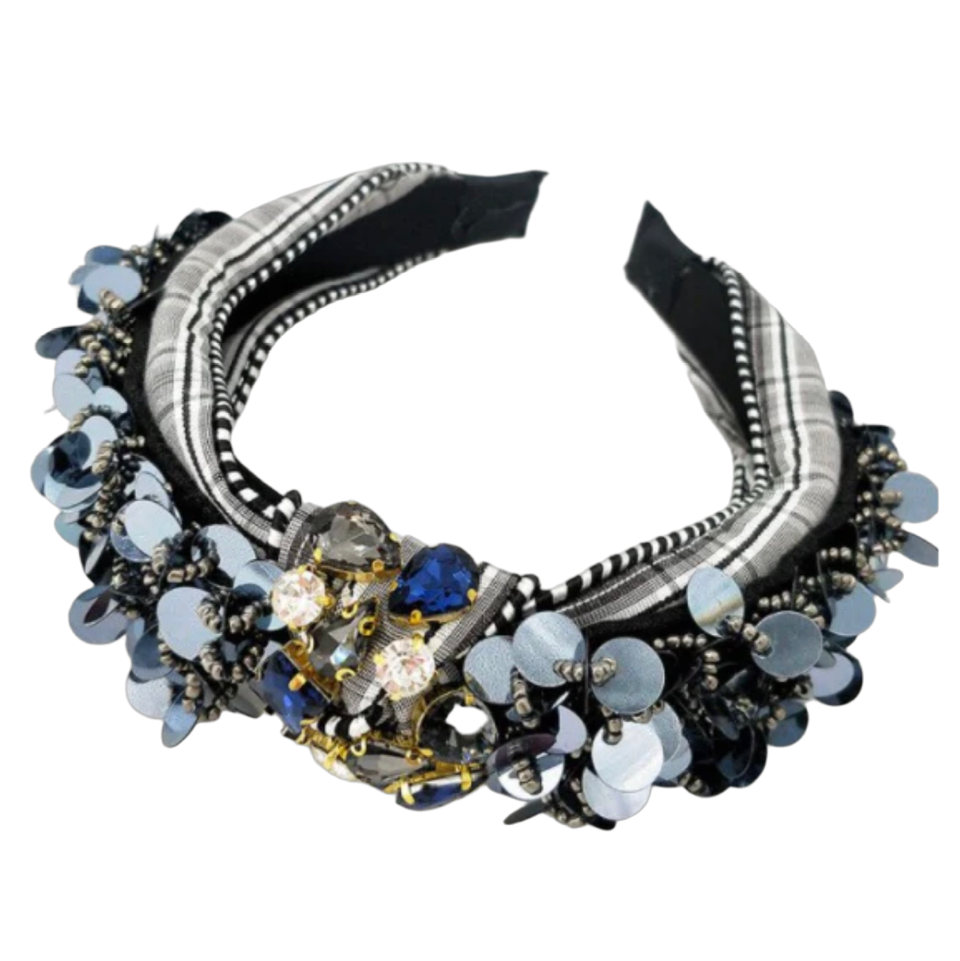 Haarreif schwarz/weiss kariert mit Perlen Steinen Pailletten