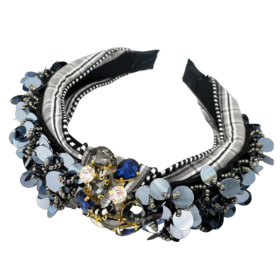 Haarreif schwarz/weiss kariert mit Perlen Steinen Pailletten