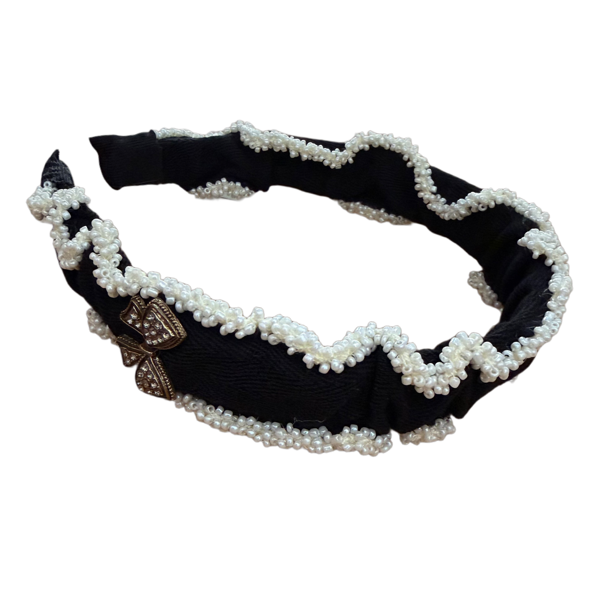 Schwarzer Haarreifen mit Perlenstickerei & Schleifen-Detail – Eleganz mit romantischem Charme