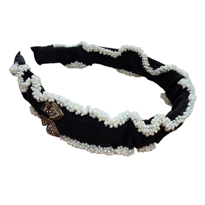 Schwarzer Haarreifen mit Perlenstickerei & Schleifen-Detail – Eleganz mit romantischem Charme