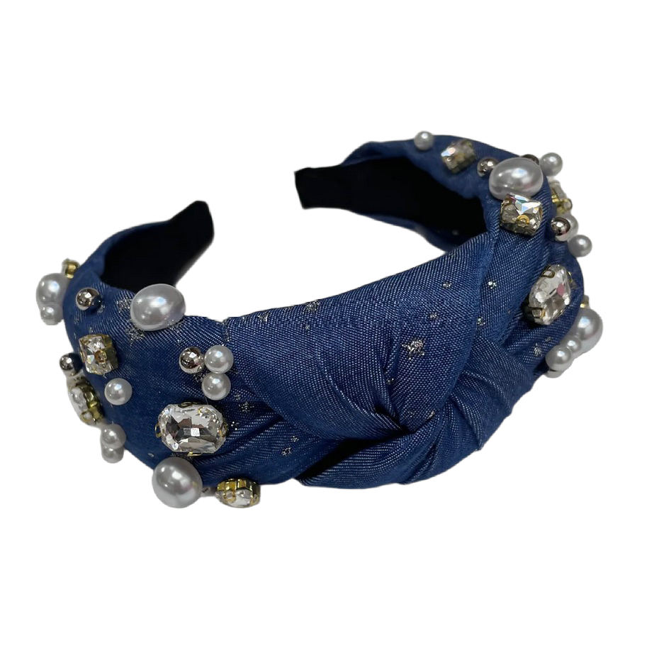 Serre-tête en jean avec perles et pierres