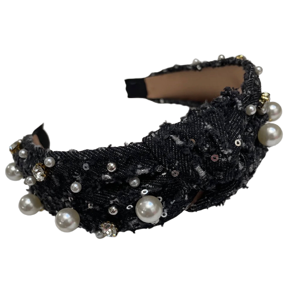 Jeans Haarreifen mit Perlen, Steinchen und Pailetten