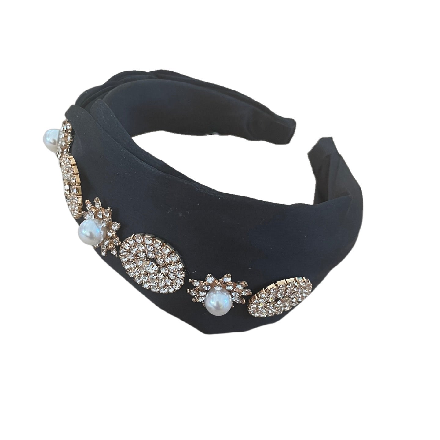 Bandeau noir satiné avec perles et pierres