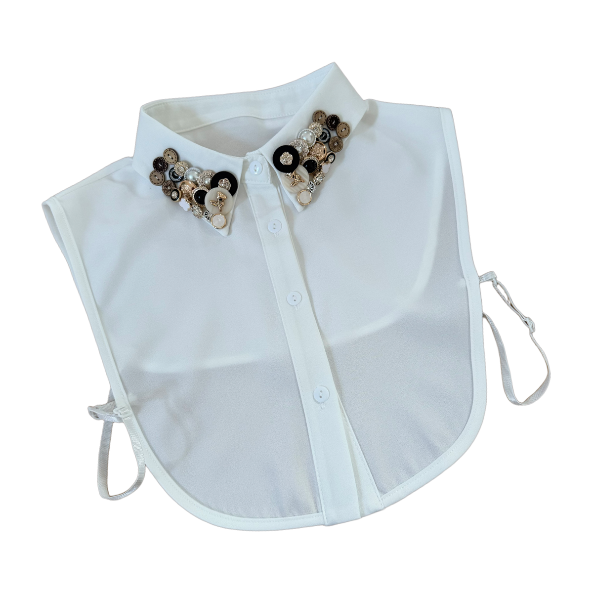 Vintage Elegance – Blusenkragen in Off White mit edlem Knopf- & Perlenschmuck