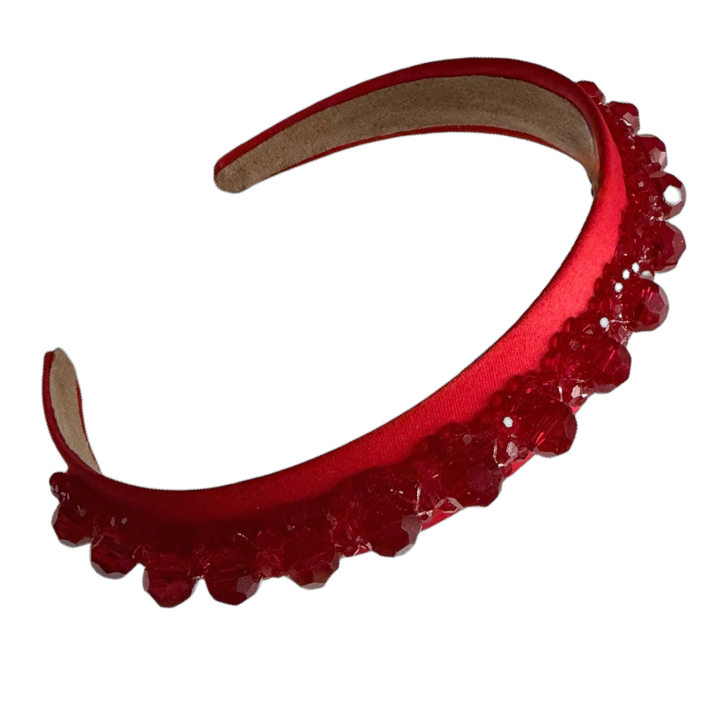 Rubinkuss — Roter Satin‑Haarreif mit Perlenbesatz