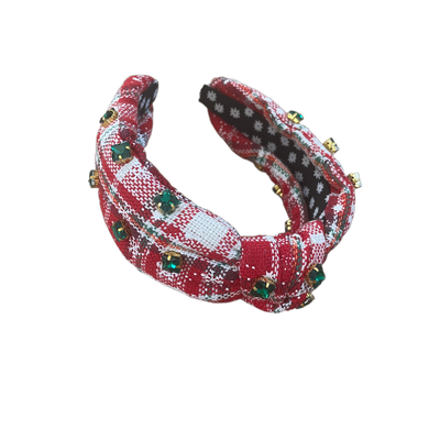 Festlicher Haarreifen mit kariertem Stoff, Perlen und funkelnden Strasssteinen