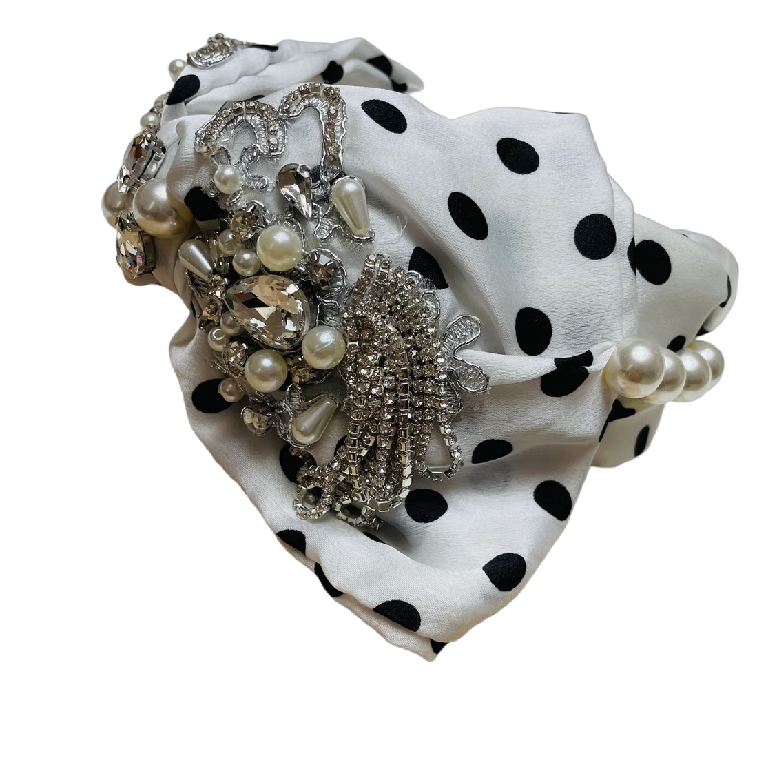 Bandeau blanc/noir tacheté de perles de pierres en maille