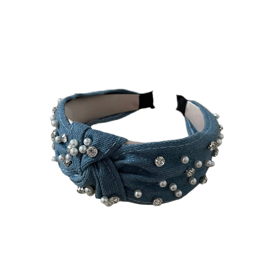Jeans Haarreifen mit Perlen und Steinchen
