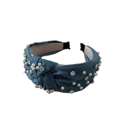 Jeans Haarreifen mit Perlen und Steinchen