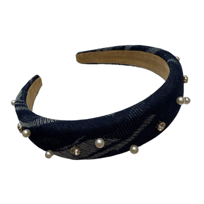 Mitternachtsdenim — Dunkelblauer Jeans‑Haarreif mit Perlen & Strass