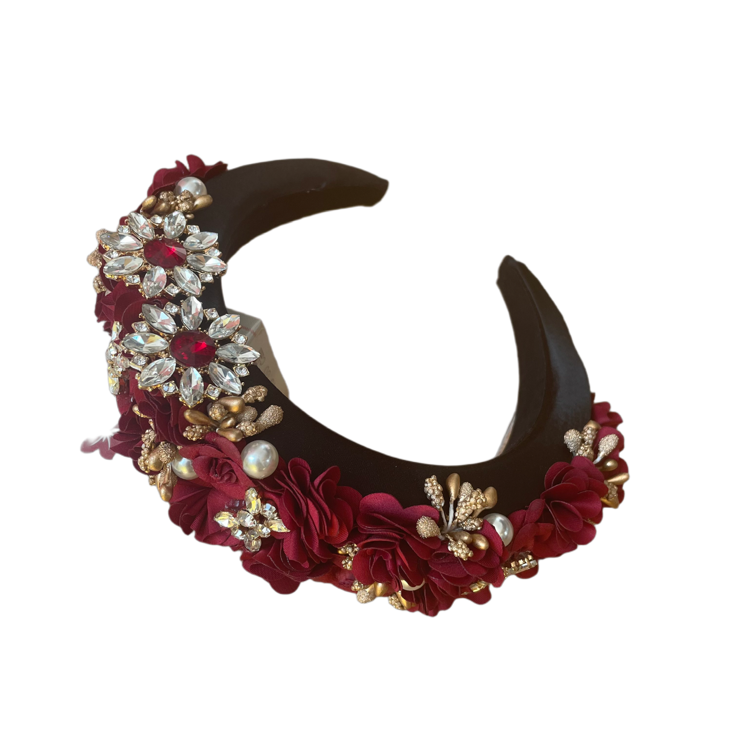 Bandeau baroque en satin noir vin rouge or avec fleurs
