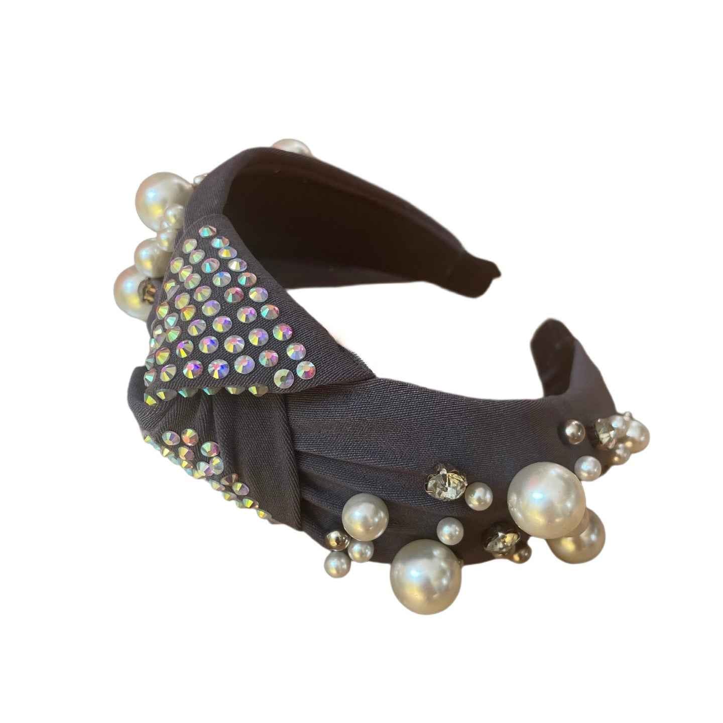 Chic & Glamourös – Grauer Haarreif mit Perlen, Strass und Knoten