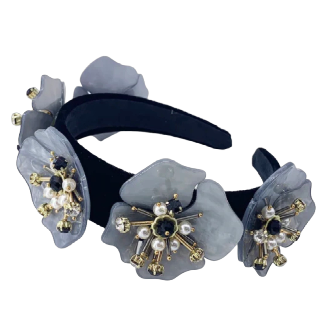 Haarreif schwarz samt mit 5 grauen Blumen mit Steinen und Perlen