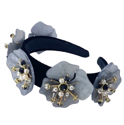 Haarreif schwarz samt mit 5 grauen Blumen mit Steinen und Perlen