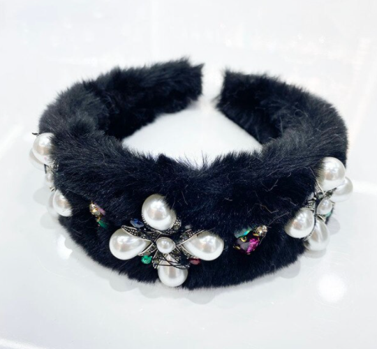Black faux fur headband with pearls and rhinestones