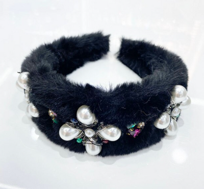 Haarreif Fellimitat schwarz mit Perlen und Strasssteinen