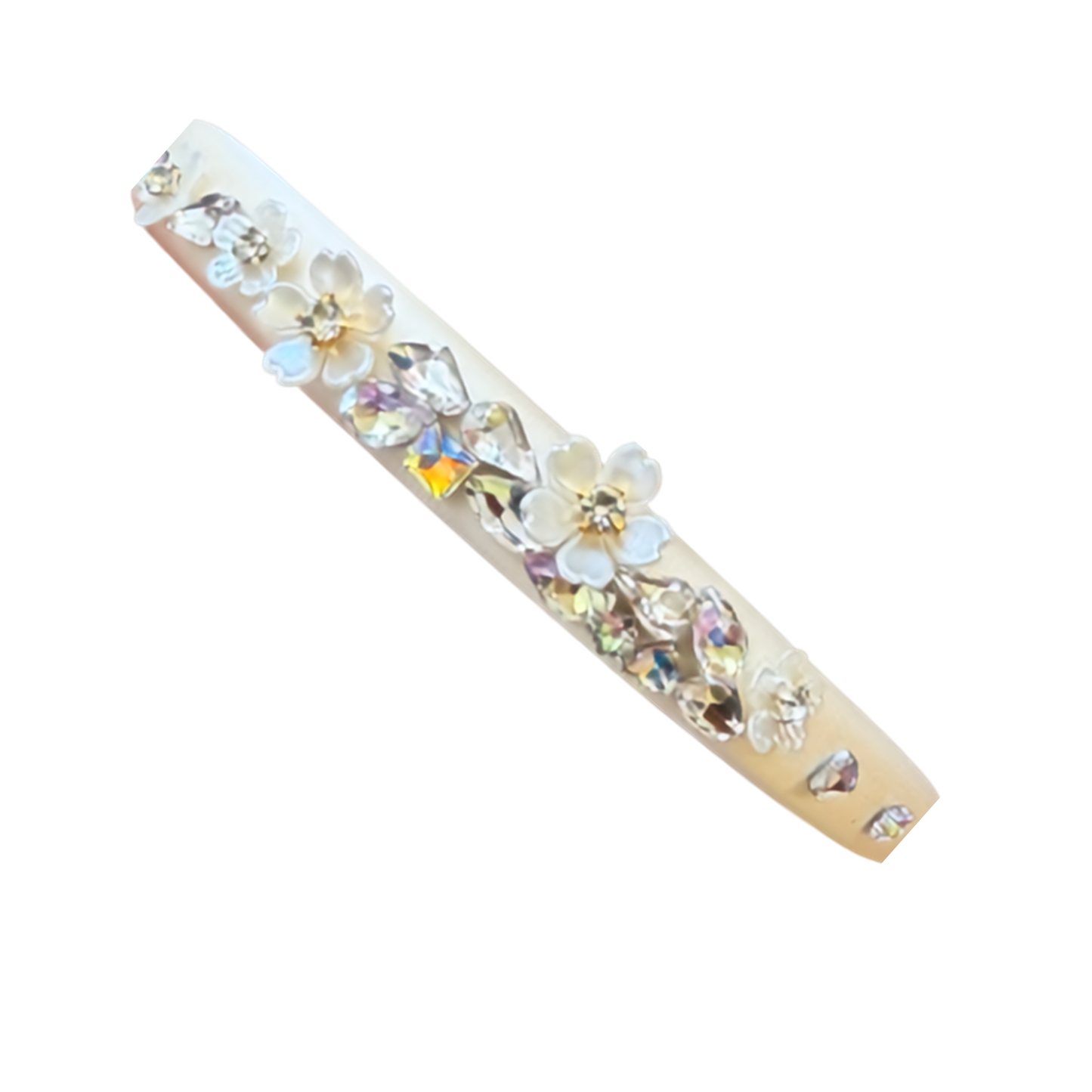 Schmaler Satin-Haarreifen mit Blüten & Strass – Zarte Eleganz mit glamourösem Glanz