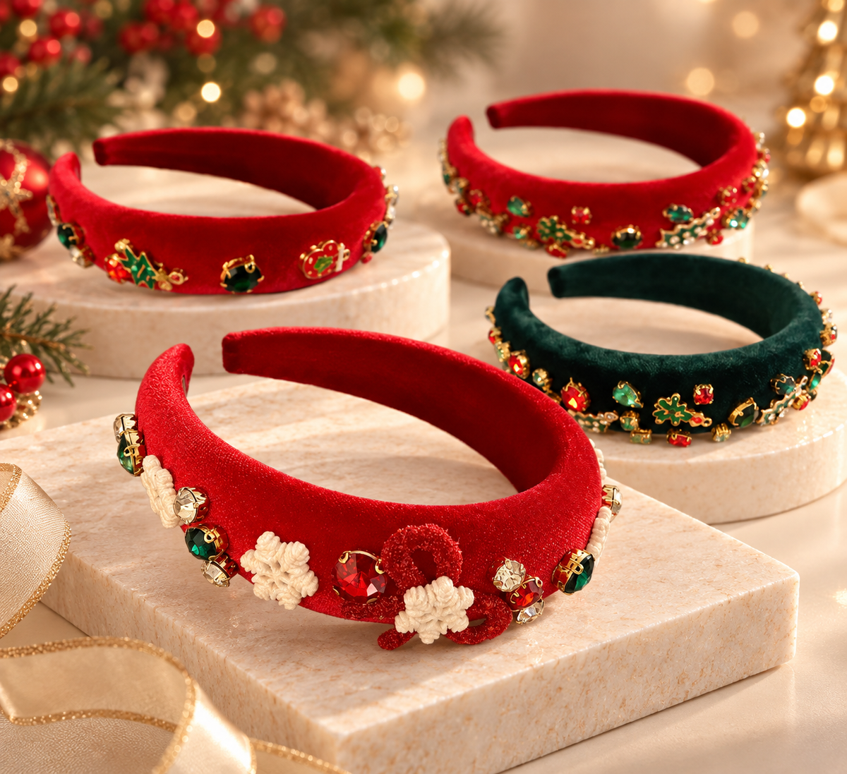 Christmas Glamour – Festlicher Samt-Haarreifen mit funkelnden Schmucksteinen