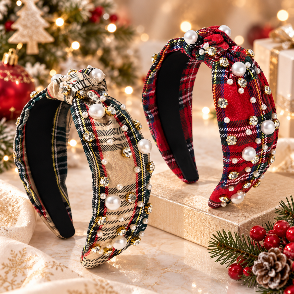 Festliche Karo-Haarreifen mit Perlen und Strass – Glamouröser Weihnachtszauber