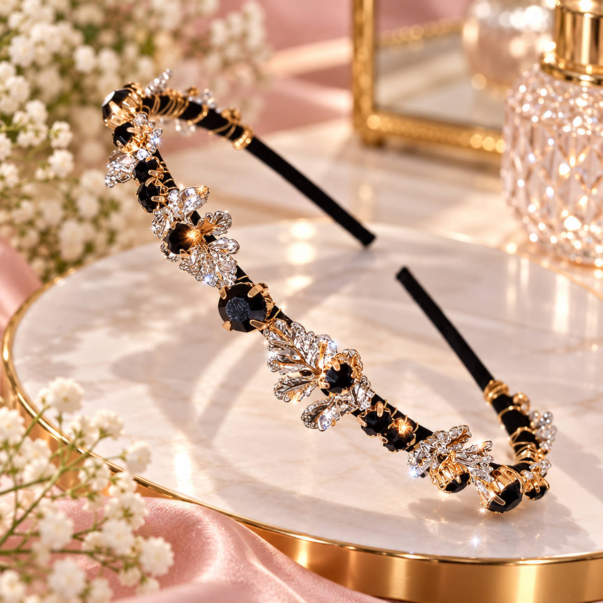Glamouröser Haarreifen mit Kristallblüten und schwarzen Schmucksteinen – Funkelnde Eleganz in Gold