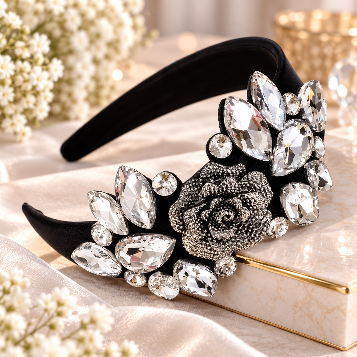 Luxuriöser Samt-Haarreifen mit funkelnder Strassrose und Kristallblüten – Eleganz in Schwarz und Silber